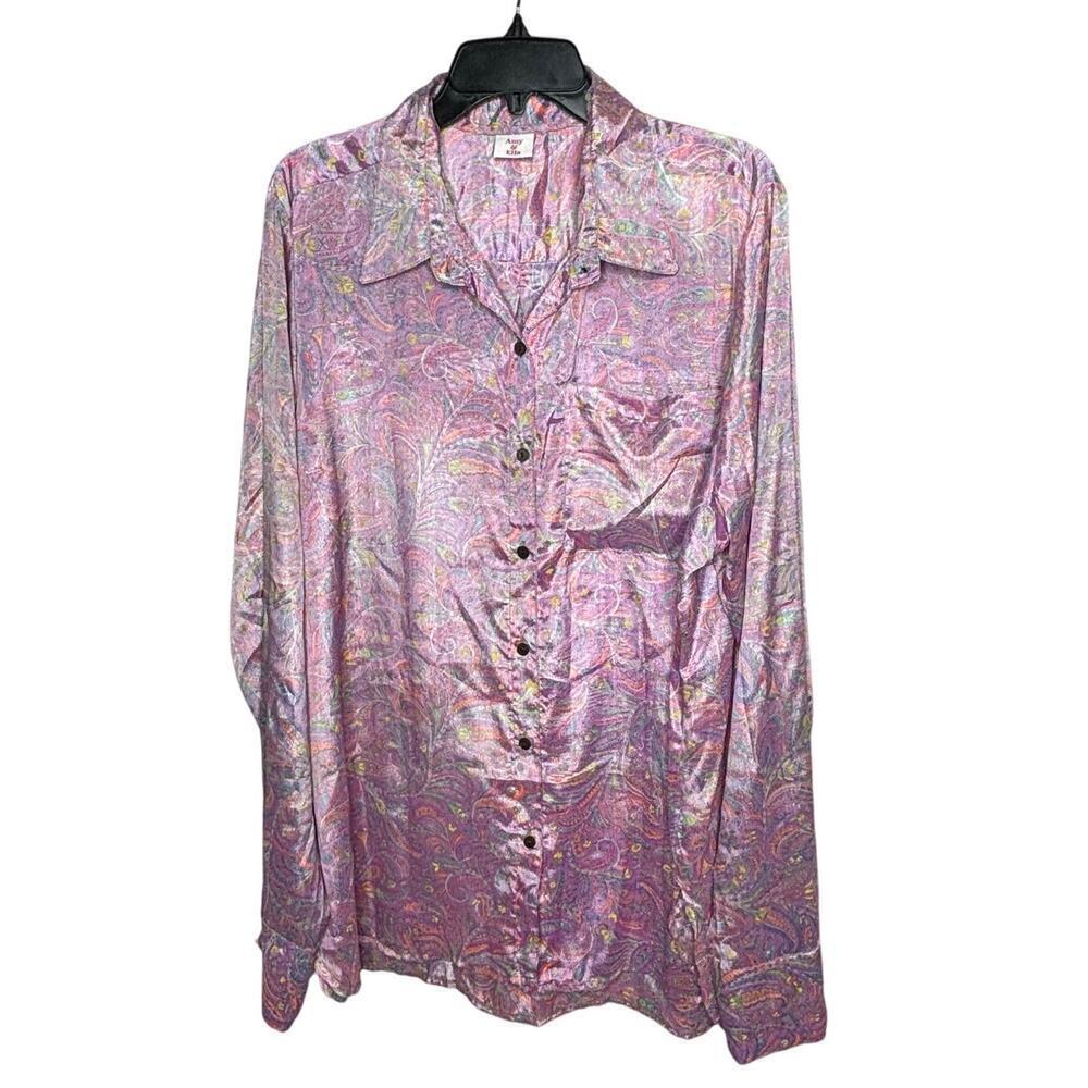 Amy & Ella Silk Blend Pastel Paisley Button Up Boyfriend Shirt Size XL/XXL